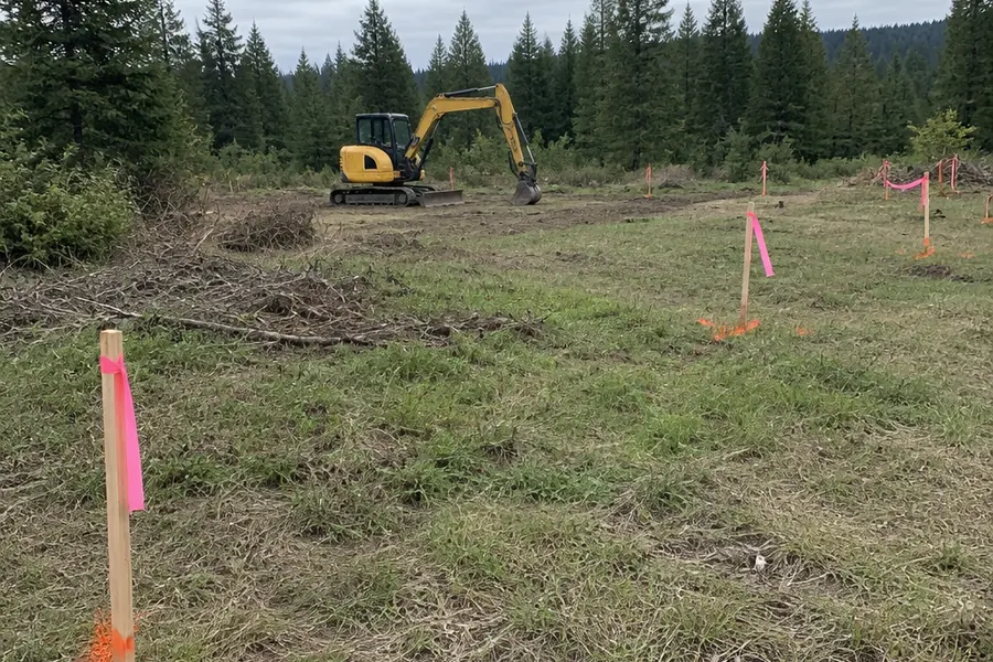 Survey stakes and flagging marking out a cleared building lot for assessment